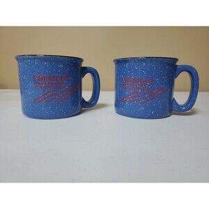 2 M Ware Chemcut Corporation Speckled Blue Stoneware Coffee Mugs 14 oz Black Rim